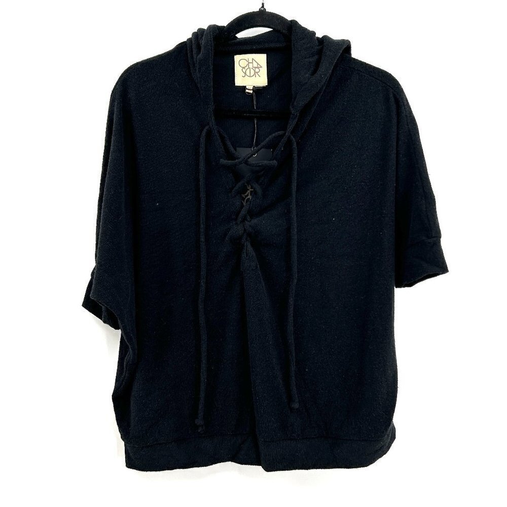 NWT CHASER Black Terry Cloth Lace Up Dolman Sleeve Oversized Hoodie Size Medium